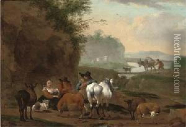 A River Landscape With A Shepherd Family And Their Flock Atrest Oil Painting - Hendrick Mommers