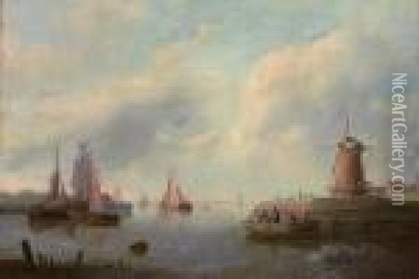 Estuary With Ships And Windmill Oil Painting - Edward William Cooke