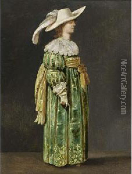 A Portrait Of A Lady, Standing 
Full Length, Wearing A Green Satin Dress With Lace Cuffs And Collar, A 
Yellow Sash, White Gloves, And A White Hat With A Feather Oil Painting - Pieter Jansz. Quast