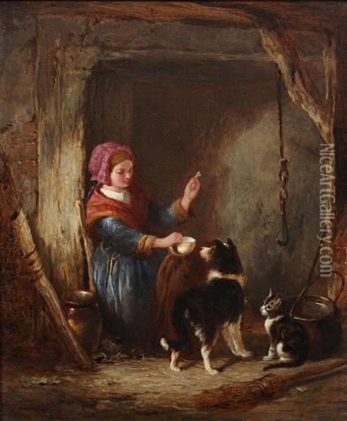 Girl With A Dog And Cat In A Cottage Interior Oil Painting - William Hemsley