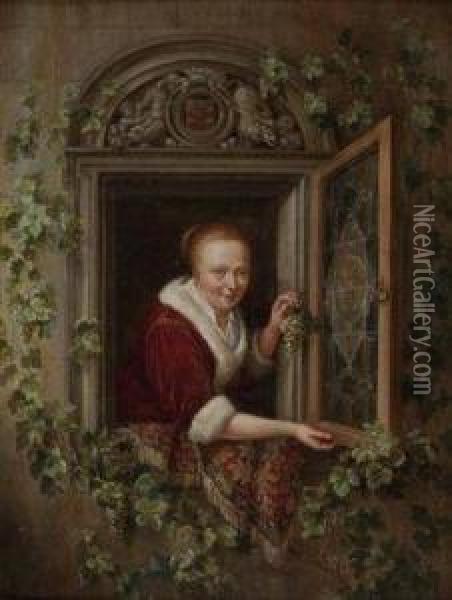 Junge Frau Am Fenster Mit Weintraube - Wohl Allegorie Des Herbstes Oil Painting - Dominicus van Tol