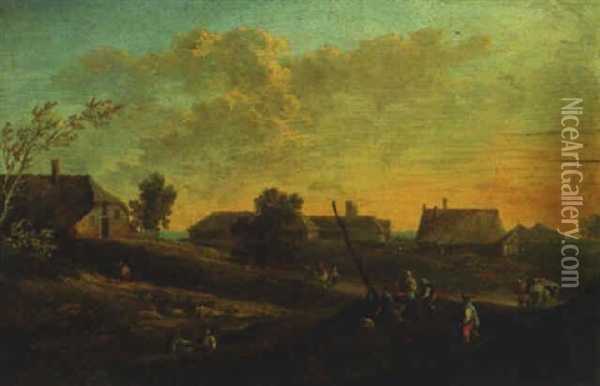 Peasants Resting On The Outskirts Of A Village Oil Painting - Mathys Schoevaerdts