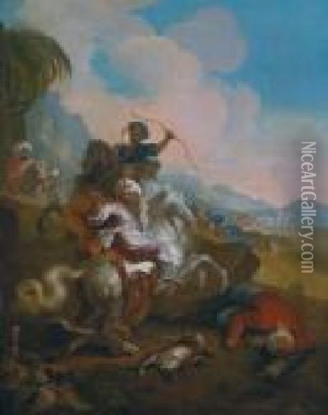 Cavalieri Orientali In Lotta Con Leopardi Oil Painting - Joseph Parrocel