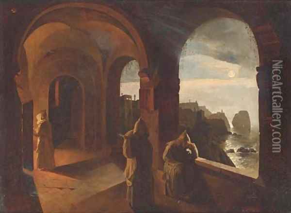 Monks in a Capucine monastery by moonlight Oil Painting - Timoleon Carl von Neff