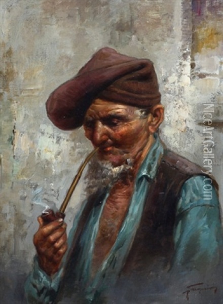 The Pipe Smoker (+ Old Man With Pipe; 2 Works) Oil Painting - Raffaele Frigerio