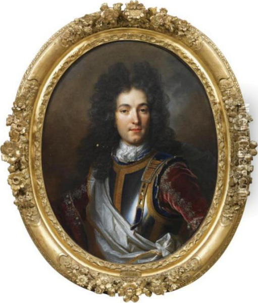 Portrait Of A Nobleman, Half Length, Wearing Armour Oil Painting - Nicolas de Largillierre