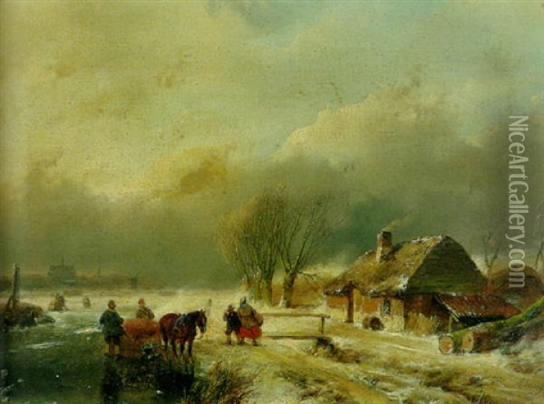 A Winter Landscape With A Horse-drawn Sledge On A Frozen Waterway Oil Painting - Andreas Schelfhout