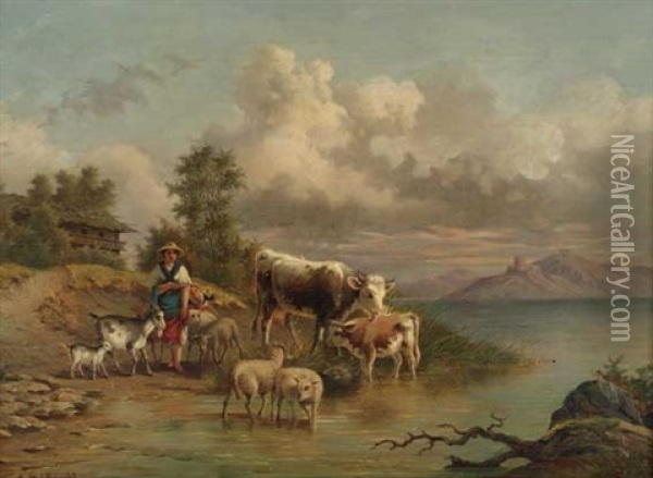Rastende Kuhe Mit Magd Am See Oil Painting - Edmund Mahlknecht