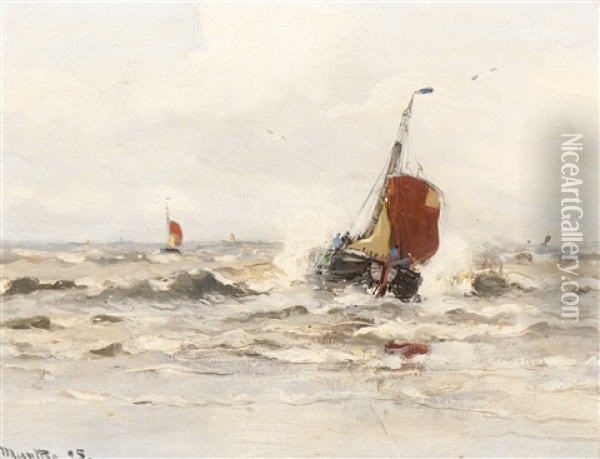 Fishing Boats From Katwijk At Sea Oil Painting - Gerhard Arij Ludwig Morgenstjerne Munthe