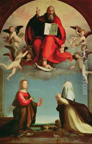 God appearing to St. Mary Magdalen and St. Catherine of Siena c.1508 Oil Painting - Fra Bartolommeo della Porta