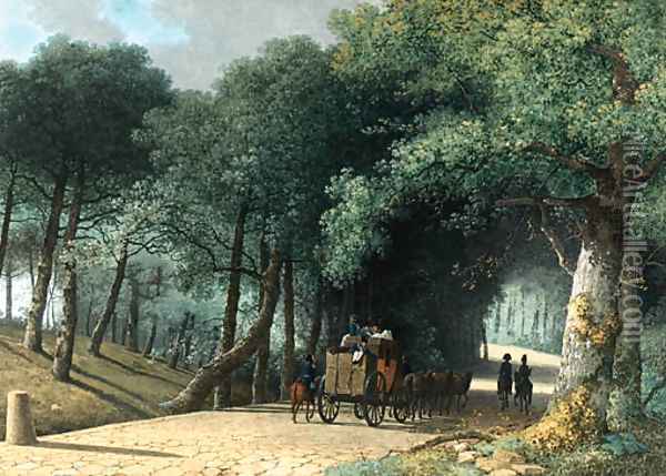 A Road entering a Forest with a Group of Soldiers attacking a Carriage Oil Painting - Martheus Derk Knip
