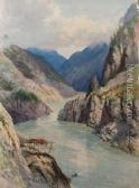 Indian Fishing Platform In The Fraser Canyon Oil Painting - Frederic Marlett Bell-Smith