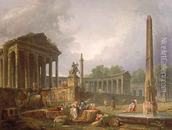 Architectural Capriccio with temple and obelisk, 1798 Oil Painting - Hubert Robert