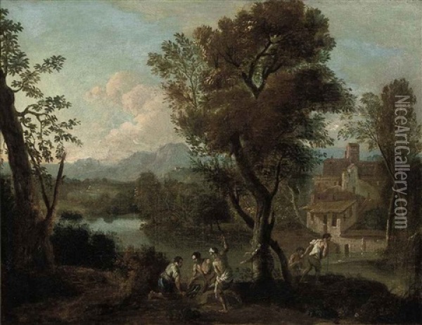 An Italianate River Landscape With Peasants Beside A Tree, A Fortified City Beyond Oil Painting - Gaspard Dughet