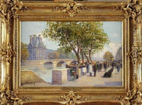 Les Bouquinistes Devant Le Pont Royal Et Le Pavillon De Flore Oil Painting - Henri Malfroy
