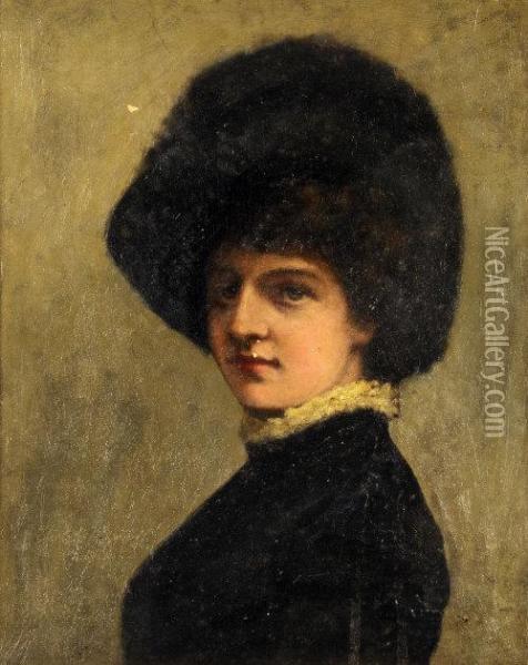 Evelyn, Head And Shoulders Wearing A Black Fur Hat And Lacecollar Oil Painting - George Adolphus Storey