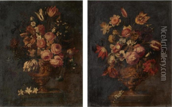 A Pair Of Still Lifes Of Various Flowers In Sculpted Urns, On Stone Plinths Oil Painting - Bartolome Perez