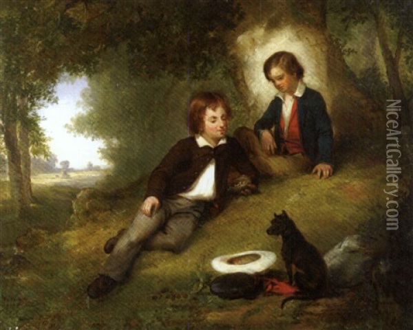 Two Young Boys In A Forest Clearing Examining A Bird's Nest Oil Painting - James H. Cafferty