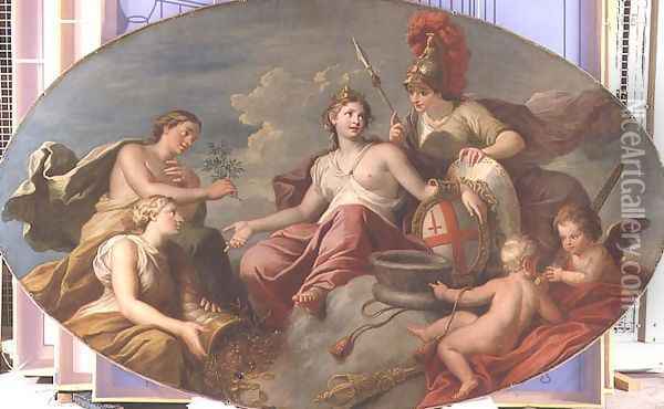 Allegorical group representing London, Justice, Prudence, Temperance and Fortitude, 1725-27 Oil Painting - Sir James Thornhill