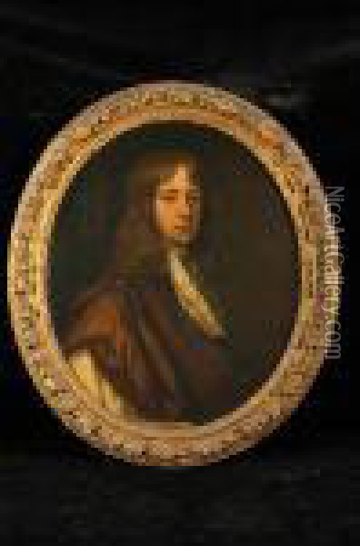 A Portrait Of William Levinz As A
 Boy Having Long Auburn Hair, A Lace Jabot And Brown Cloak Oil Painting - Sir Peter Lely