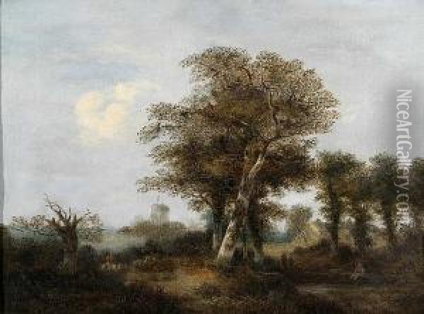 Norfolk Landscape With Figures And Windmill Oil Painting - William Henry Crome