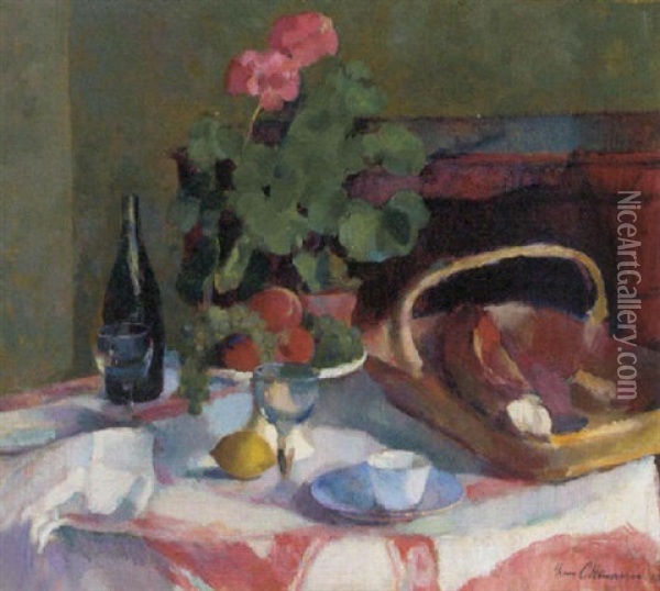Un Geranium En Pot Avec Des Fruits, Du Pain Et Une Bouteille De Von Sur La Table Oil Painting - Henri Ottmann