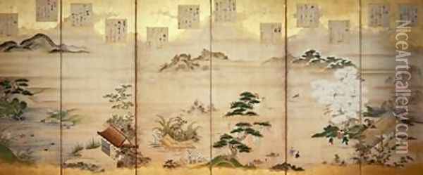 Six panel screen with birds and flowers of the twelve months Oil Painting - Tosa Mitsunari