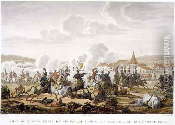 The Death of Prince Ludwig of Prussia at the Battle of Saalfed, 10 October 1806, engraved by Louis Francois Couche 1782-1849 Oil Painting - Jacques Francois Joseph Swebach