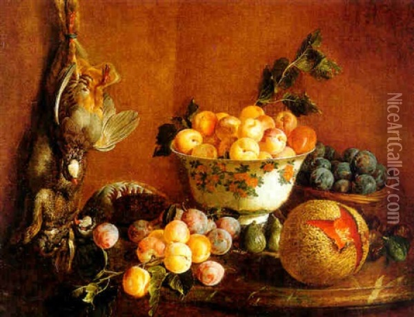 Still Life With Fruits Plums In A Basket, Preaches In A Bowl, Figs And A Melon On A Marble Table With Game Hanging To The Right Oil Painting - Alexandre Francois Desportes