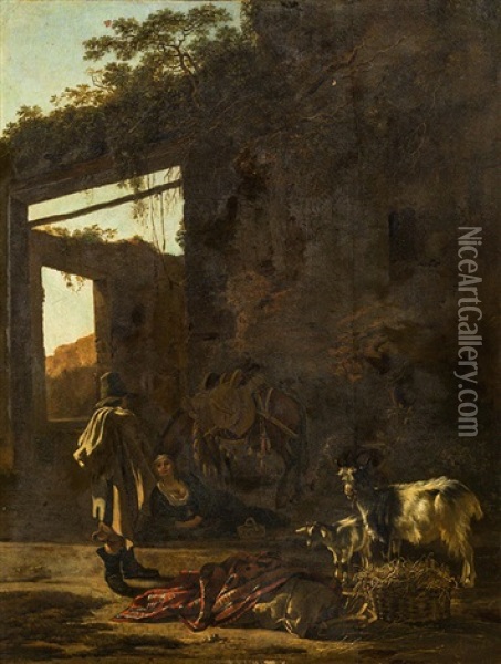 Shepherds In Front Of A Ruin Oil Painting - Adam Pynacker