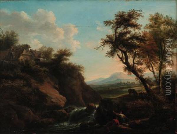 Figures In A Rocky River Landscape With A Town Beyond Oil Painting - Francesco Zuccarelli