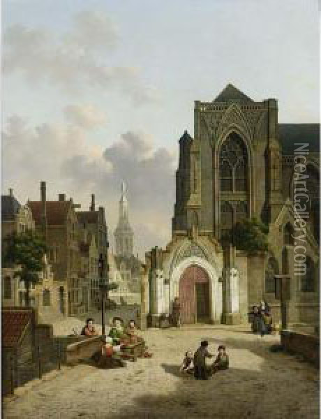 Street Vendors In Front Of A Church Oil Painting - Jan Hendrik Verheijen