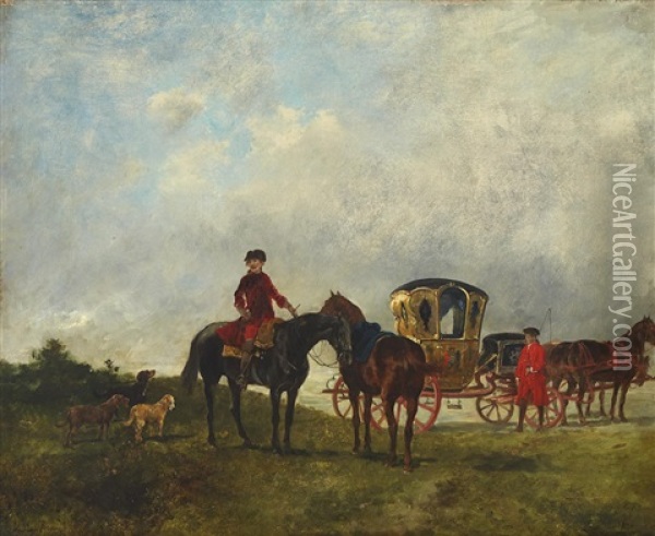 A Carriage With Figures And A Dog In An Extensive Landscape Oil Painting - John Lewis Brown