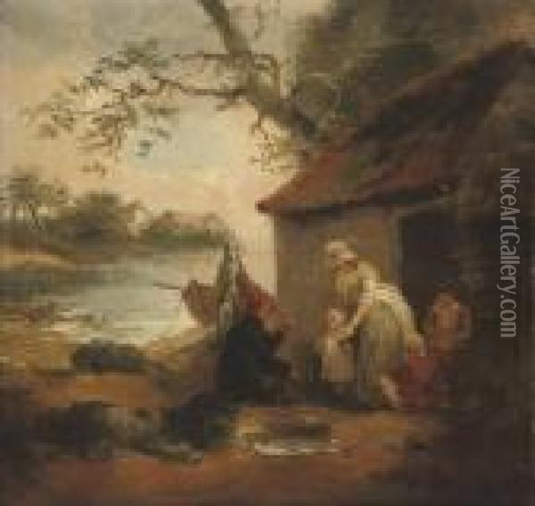 A Fisherman And His Family By A Cottage, Beside A Lake Oil Painting - George Morland