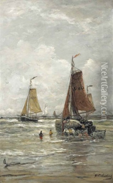 Unloading The Catch, Scheveningen Oil Painting - Hendrik Willem Mesdag