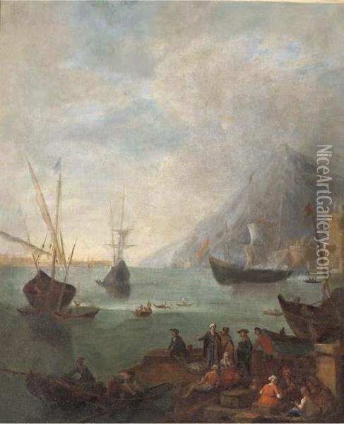 A Mediterranean Coastal Landscape With Fishermen And Other Figures In The Foreground Oil Painting - Adriaen Van Der Kabel