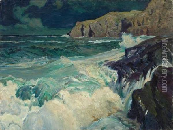 Surf Against Rocks Oil Painting - Mcclelland Barclay