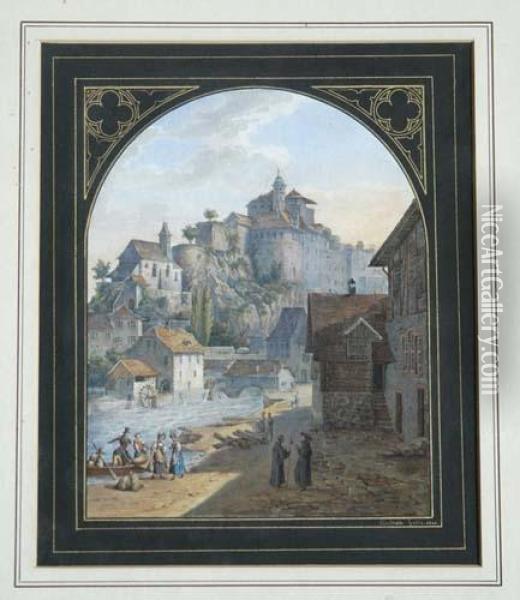 Sicht Auf Eine Stadt Am Fluss. 1840. Oil Painting - Konstantin Guise