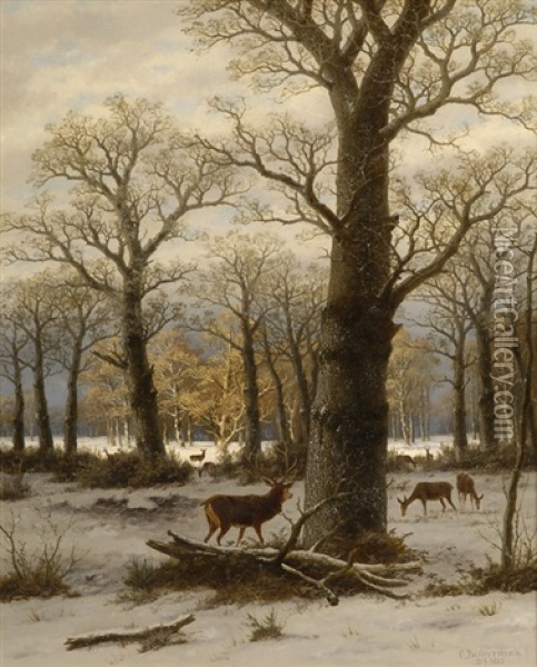 Winterwald Mit Hirschrudel Oil Painting - Caesar Bimmermann