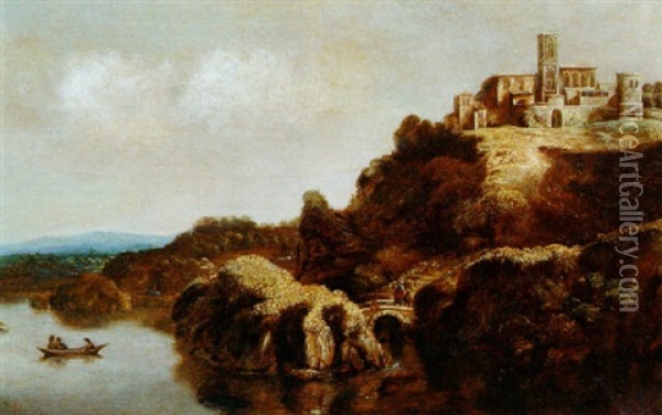 A River Landscape With Travellers Crossing A Bridge Over A Torrent, A Monastery On A Hilltop Beyond Oil Painting - Claude De Jongh