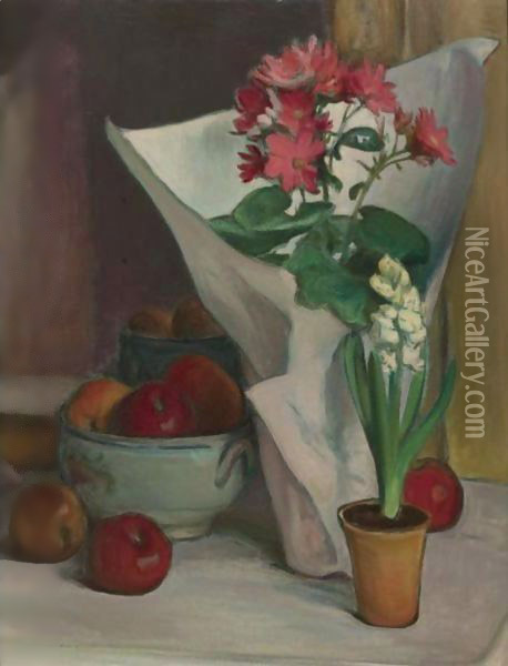 Pommes, Fleurs Et Papier Blanc Oil Painting - Wladyslaw Slewinski
