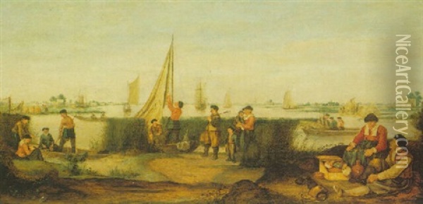 Fishermen On The Banks Of A River Estuary, With Rowing And Sailing Boats Beyond Oil Painting - Arent (Cabel) Arentsz