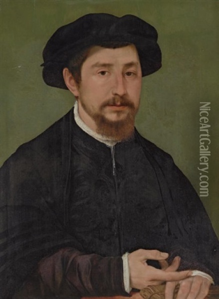 Portrait Of A Gentleman In An Embroidered Black Doublet And A Black Cloak And Cap, Holding Leather Gloves Oil Painting -  Master of the 1540s