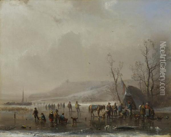 Eisvergnugen In Winterlicher Hollandischer Landschaft. Oil Painting - Adolf Stademann