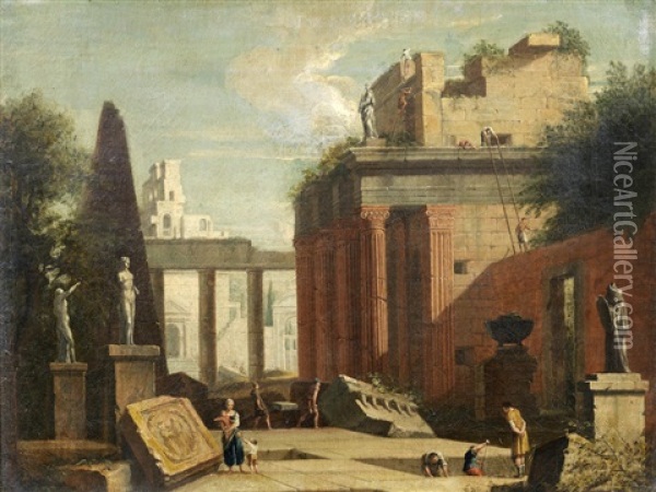 An Architectural Capriccio With Workers Constructing A Palace Oil Painting - Marco Ricci