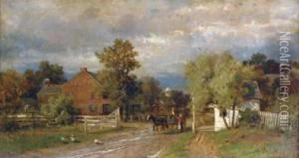 A Horse Drawn Cart With Figures At The Village Toll Gate Oil Painting - Thomas Bigelow Craig
