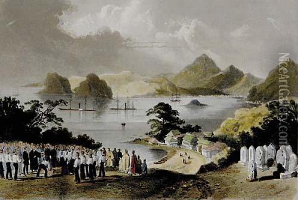 Nine Works Eight From Narrative Of The Expedition Of An American Squadron To The China Seas And Japan Under The Command Of Commodore Mc Perry Together With The Arrival Of The United States War Steamer At Honolulu From Sketch By Daniel Winter Wt Oil Painting - William Heine