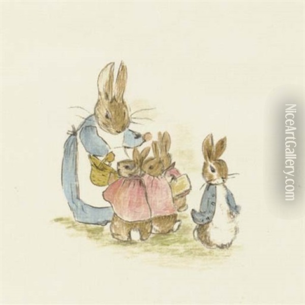 Now, My Dears, Said Old Mrs. Rabbit One Morning... Oil Painting - Beatrix Potter