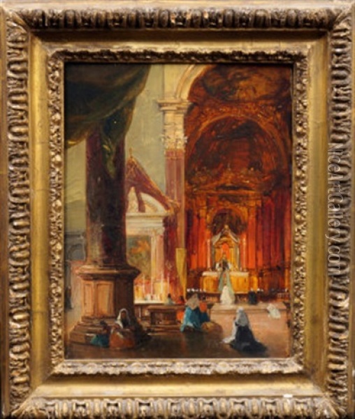 Woman Praying In A Church Interior Oil Painting - James Holland