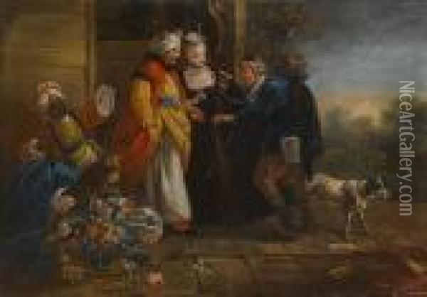 An Elegant Couple Receiving A Beggar At Their Palace Oil Painting - Jean-Baptiste Le Prince